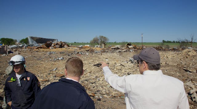 Texas Gov. Rick Perry touring the disaster zone in West, Texas on April 19. He met with local officials and state and local emergency responders about relief and recovery efforts underway.