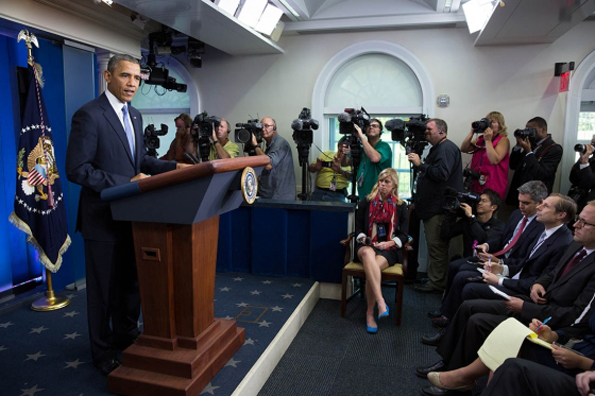 President Barack Obama delivers remarks to the White House press corps about budget negotiations