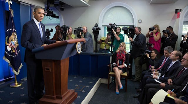 President Barack Obama delivers remarks to the White House press corps about budget negotiations.