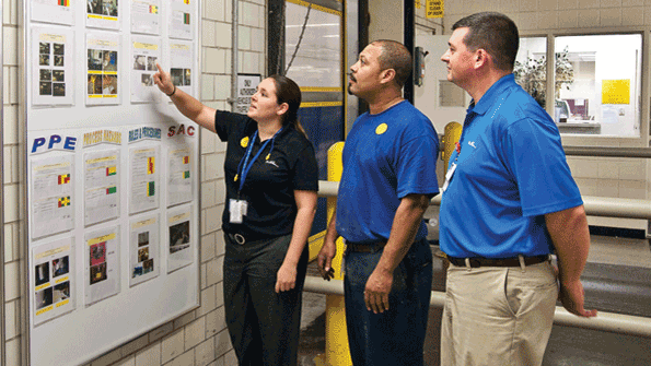 Associates at Milliken amp Corsquos Johnston SC plant review the plantrsquos safety metrics on a performance board which are found at all Milliken facilities