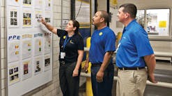 Associates at Milliken &amp; Co.&rsquo;s Johnston, S.C., plant review the plant&rsquo;s safety metrics on a performance board, which are found at all Milliken facilities.