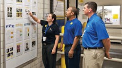 Associates at Milliken &amp; Co.&rsquo;s Johnston, S.C., plant review the plant&rsquo;s safety metrics on a performance board, which are found at all Milliken facilities.