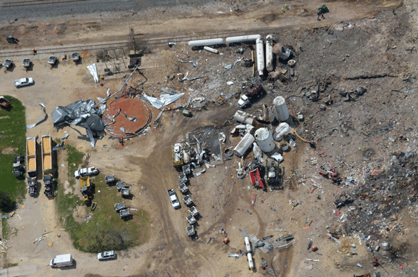 This aerial photo of the remains of the West Fertilizer Co plant shows the devastation of the explosion that killed 15 people and injured more than 160 others Photo by Shane TorgersonWikimedia Commons