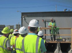 Great Lakes Construction Co workers and contractors listen to Tyler Edwards discuss fall protection strategies at Fall Safety StandDown event last year in Cleveland Great Lakes Construction Co workers and contractors listen to Tyler Edwards discuss fall protection strategies at Fall Safety StandDown event last year in Cleveland