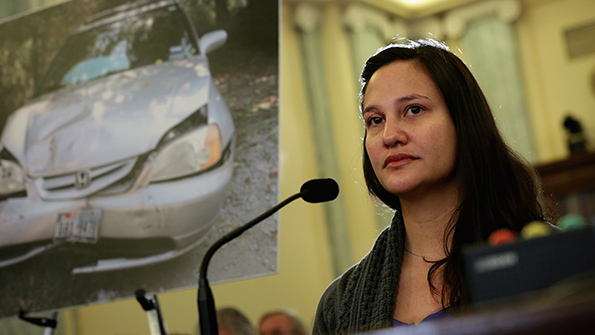 Stephanie Erdman of Destin Fla who was seriously injured by the airbag explosion in her Honda Civic during a traffic accident testifies Nov 20 2014 during a hearing before the Senate Commerce Science and Transportation Committee