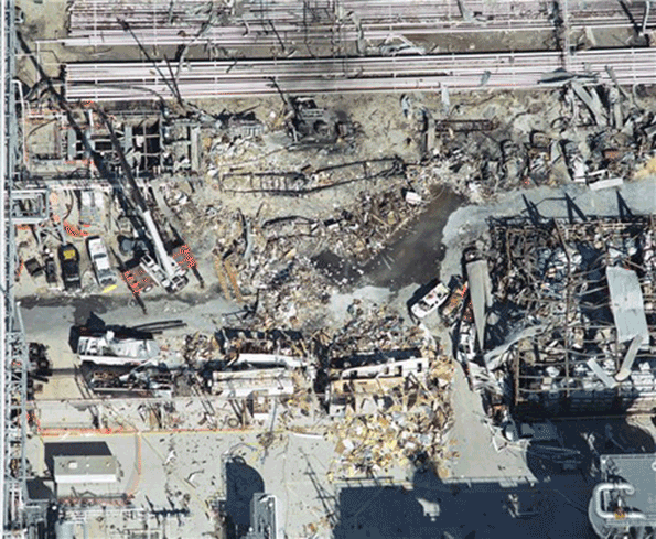 This is an aerial view of the area where the contractor trailers once stood at BP39s Texas City refinery Fifteen workers died in an explosion and fire at the site A decade after BPrsquos trailers blew apart Marathon Petroleum Co which now owns the location set up three lunch tents on the same ground once littered with bodies and debris Production won out over safety erecting the tents farther away slowed work down and hampered productivity during a 2013 turnaround