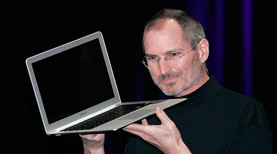 The late Apple CEO and co-founder Steve Jobs holds up the new Mac Book Air after he delivered the keynote speech to kick off the 2008 Macworld at the Moscone Center Jan. 15, 2008 in San Francisco, Calif. Jobs and his creative team fit the profile of visionary leaders.