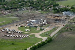 The West Fertilizer Co shown from the air lies in ruins on April 18 2013 in West Texas Fifteen people were killed including 10 first responders 250 people were injured when the fertilizer company caught fire and exploded An apartment building and a number of nearby homes also were destroyed Photo by Chip SomodevillaGetty Images The West Fertilizer Co shown from the air lies in ruins on April 18 2013 in West Texas Fifteen people were killed including 10 first responders 250 people were injured when the fertilizer company caught fire and exploded An apartment building and a number of nearby homes also were destroyed Photo by Chip SomodevillaGetty Images