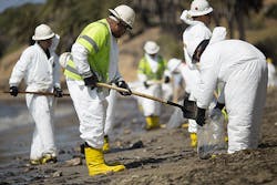 A crew cleans oil from the beach at Refugio State Beach on May 20 2015 north of Goleta Calif About 21000 gallons spilled from an abandoned pipeline on the land near Refugio State Beach spreading over four miles of beach within hours The largest oil spill ever in US waters at the time it occurred in the same section of the coast where numerous offshore oil platforms can be seen giving birth to the modern American environmental movement A crew cleans oil from the beach at Refugio State Beach on May 20 2015 north of Goleta Calif About 21000 gallons spilled from an abandoned pipeline on the land near Refugio State Beach spreading over four miles of beach within hours The largest oil spill ever in US waters at the time it occurred in the same section of the coast where numerous offshore oil platforms can be seen giving birth to the modern American environmental movement