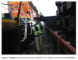 Figure 2 in the NTSB investigation report shoes a dislodged track panel and damage to the BNSF train The Federal Railroad Administration is credited with the photo Figure 2 in the NTSB investigation report shoes a dislodged track panel and damage to the BNSF train The Federal Railroad Administration is credited with the photo