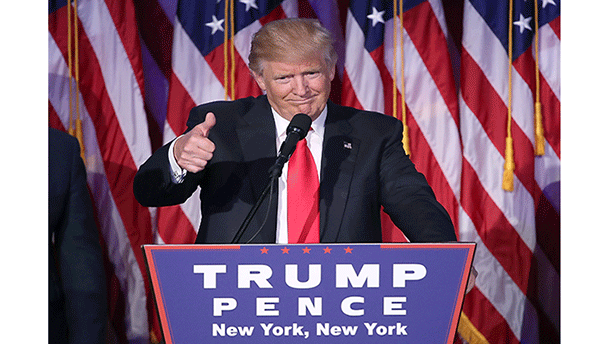 Republican presidentelect Donald Trump gives a thumbs up to the crowd during his acceptance speech at his election night event at the New York Hilton Midtown in the early morning hours of Nov 9