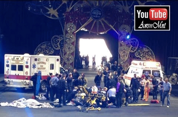 Rescue workers rush to the aid of nine Ringling Bros and Barnum amp Bailey Circus employees who were injured during a performance in Providence RI in May