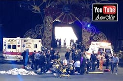 Rescue workers rush to the aid of nine Ringling Bros and Barnum amp Bailey Circus employees who were injured during a performance in Providence RI in May Rescue workers rush to the aid of nine Ringling Bros and Barnum amp Bailey Circus employees who were injured during a performance in Providence RI in May