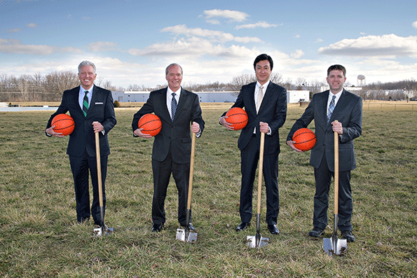 Toyota Industrial Equipment recently broke ground on a physical fitness center at its headquarters for Toyota associates and their families that will include an exercise room indoor track two indoor courts for basketball volleyball and a variety of other sports and a recreation room Pictured from left Toyota Material Handling USA President Jeff Rufener Toyota Material Handling North America President amp CEO Brett Wood Toyota Industrial Equipment Mfg President Alex Zensho Toyota Industrial Equipment Mfg Sr