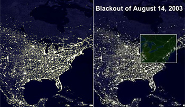This photo from NASA shows the electrical grid as it should be left and how it was on Aug 14 2003 when much of the Midwest and Northeast lost power