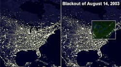 This photo from NASA shows the electrical grid as it should be (left) and how it was on Aug. 14, 2003, when much of the Midwest and Northeast lost power.
