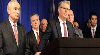 Manhattan District Attorney Cyrus R. Vance, Jr. announcing that 106 people &ndash; mostly retired police officers and firefighters &ndash; have been indicated for a massive fraud against the federal Social Security Disability Insurance Benefits (SSDI) program that resulted in the loss of hundreds of millions of dollars from federal taxpayers.