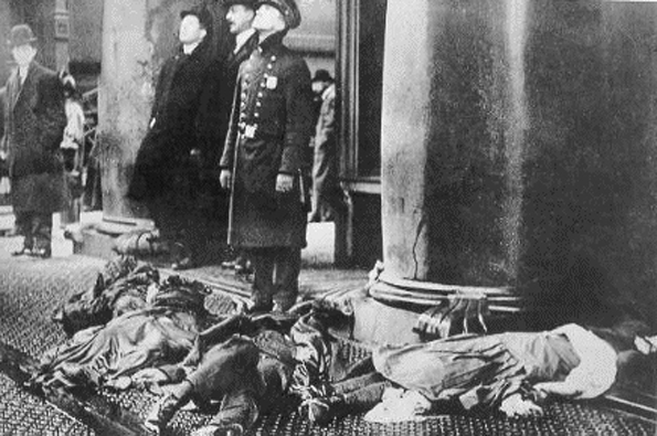 Police officers stand watch over the bodies of Triangle Shirtwaist factory workers who jumped to their deaths on March 25 1911 rather than burn to death
