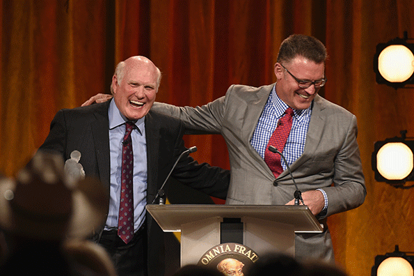 Honoree Terry Bradshaw L and NFL analyst Howie Long onstage at the Friars Club Roast of Bradshaw during the ESPN Super Bowl Roast at the Arizona Biltmore on Jan 29 2015 in Phoenix Photo by Michael BucknerGetty Images for Friars Club
