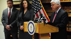 Suffolk County District Attorney Daniel F. Conley on Feb. 8 announces manslaughter charges in the 2016 deaths of two men in a South End trench collapse. With Conley (right) are ADA Michael V. Glennon (left), who responded to the scene, and ADA Lynn Feigenbaum (center) of the Senior Trial Unit, who led the grand jury investigation that culminated in criminal charges.