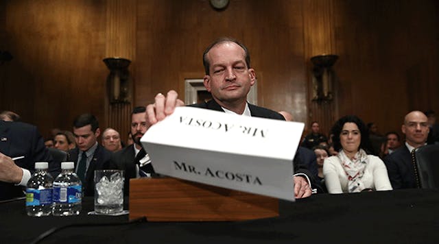 Labor Secretary Alexander Acosta arrives for testimony before the Senate Health, Education, Labor and Pensions Committee during his confirmation hearing March 22 in Washington, DC.