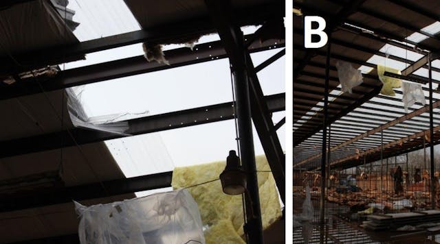 Skylight through which the victim fell with torn insulation (A); interior of the building (B). (Photo credit: Kentucky Occupational Safety and Health, Kentucky Labor Cabinet.)