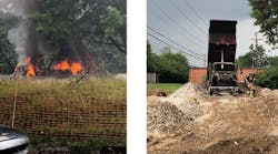 Left: Dump Truck while burning Right: Dump truck post fire