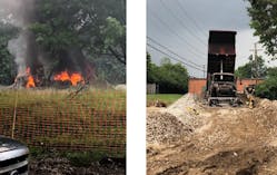 Left: Dump Truck while burning Right: Dump truck post fire