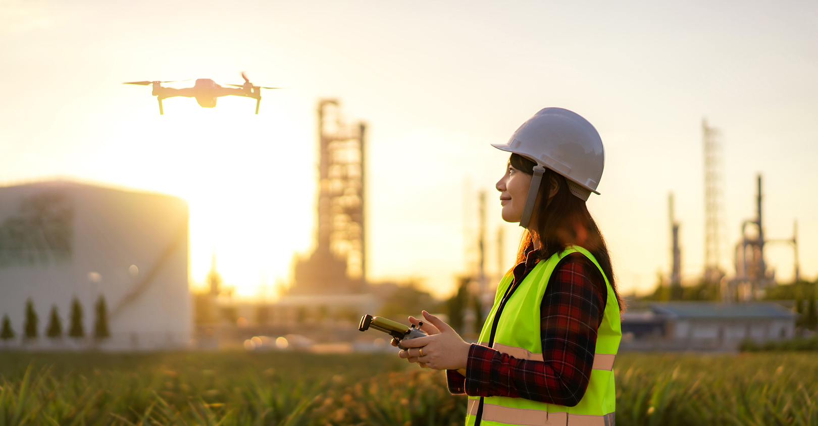 Drone flying over oil refinery plant during site survey.