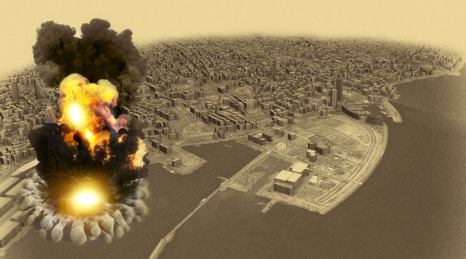 Aerial view during the explosion in the port area of Beirut, Lebanon. Ammonium nitrate stored in the harbor. 3D render.
