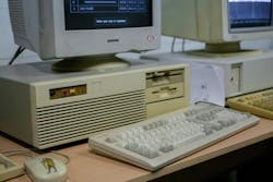 Close up photo of an old desktop computer circa the 1980s Close up photo of an old desktop computer circa the 1980s
