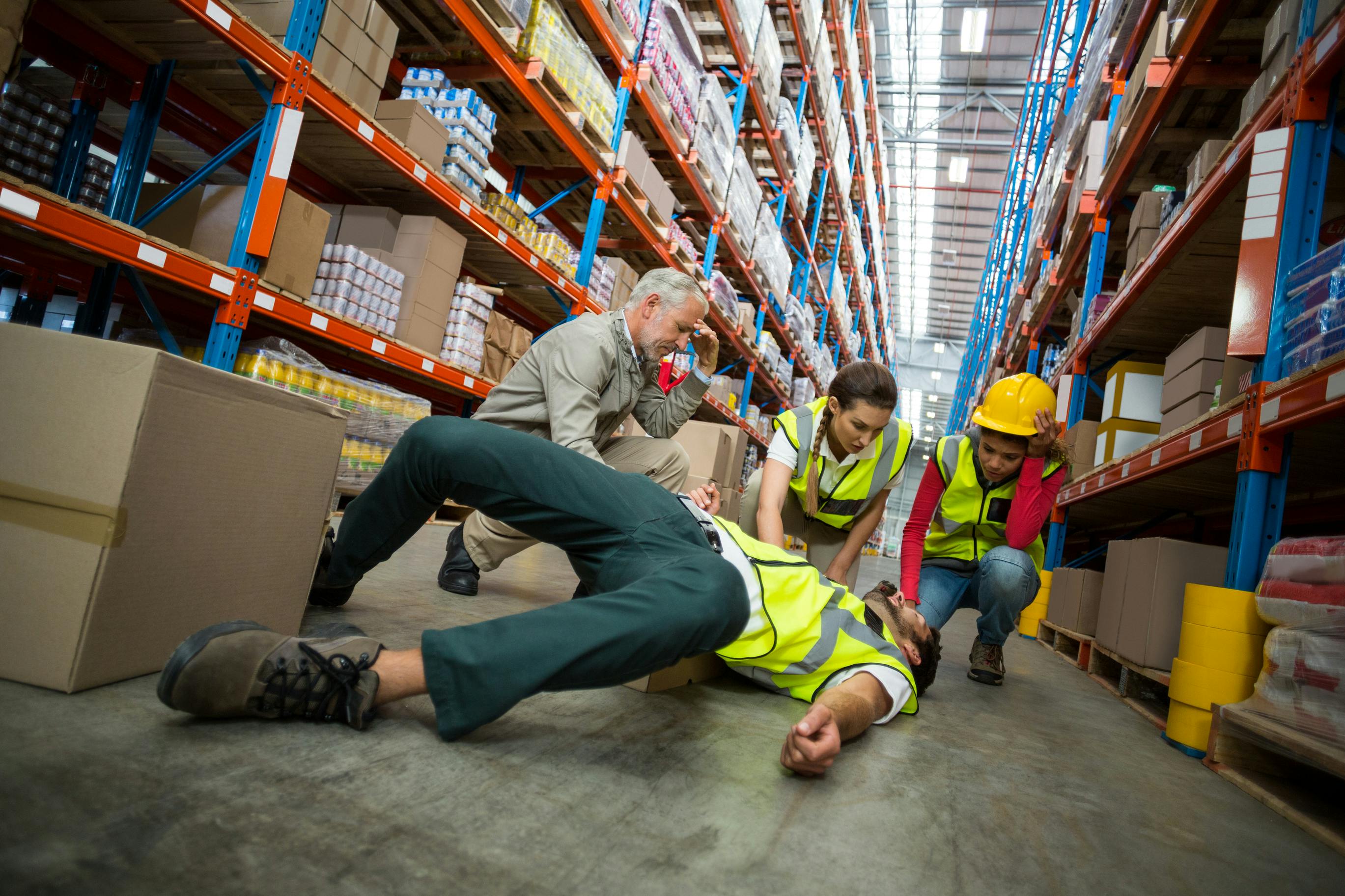 colleagues surrounding injured worker in a warehouse