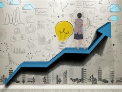 woman standing on an upward arrow with images of charts, ideas and innovations in the background woman standing on an upward arrow with images of charts, ideas and innovations in the background