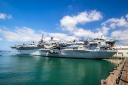 wide angle shot of the exterior of USS Midway docked in San Diego, California wide angle shot of the exterior of USS Midway docked in San Diego, California