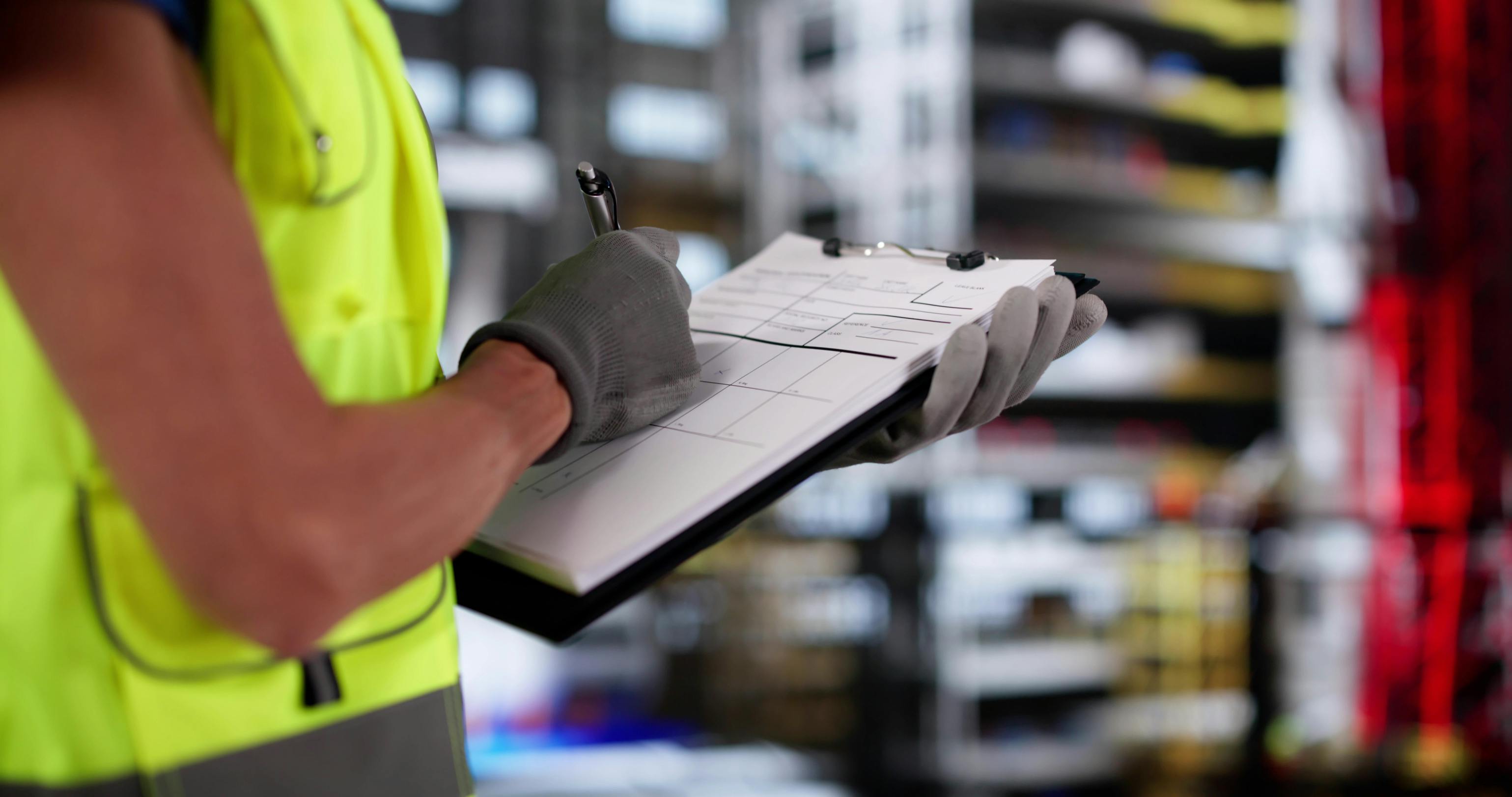 person wearing hi-visibility vest holding a pen and clipboard
