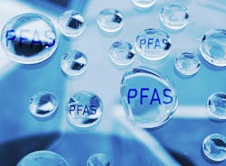 illustration of water droplets with 'PFAS' inside of them. illustration of water droplets with 'PFAS' inside of them.