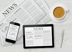 Image of newspaper, tablet displaying news, smartphone displaying news and espresso-based coffee drink Image of newspaper, tablet displaying news, smartphone displaying news and espresso-based coffee drink