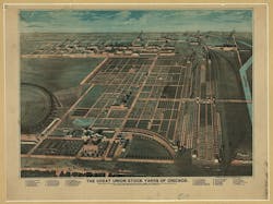 a drawing of the Great Union Stock Yards of Chicago in the late 19th and early 20th century a drawing of the Great Union Stock Yards of Chicago in the late 19th and early 20th century