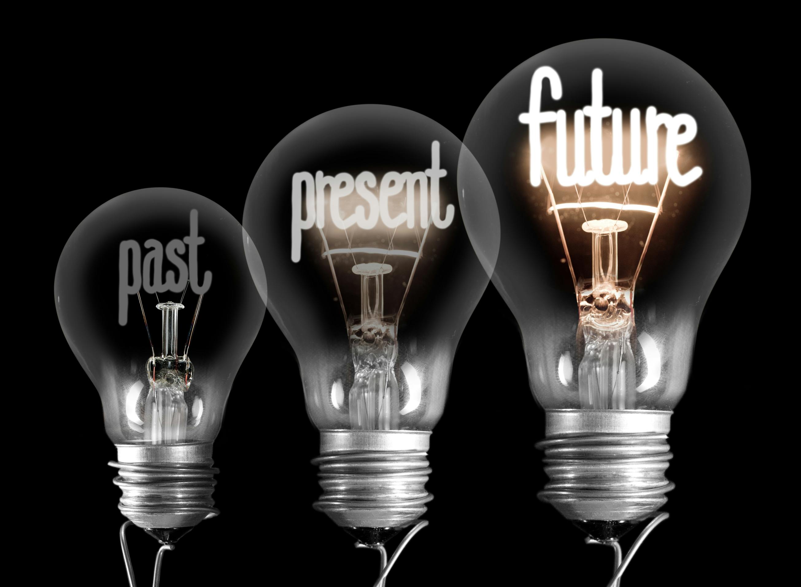 image of three lightbulbs with the words 'past,' 'present' and 'future' written in the filaments