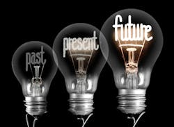 image of three lightbulbs with the words 'past,' 'present' and 'future' written in the filaments image of three lightbulbs with the words 'past,' 'present' and 'future' written in the filaments