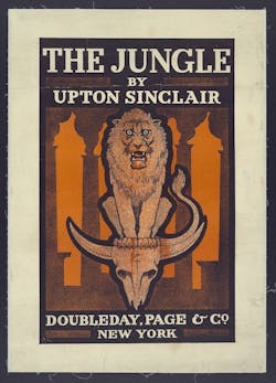 image of cover artwork for Upton Sinclair's 'The Jungle' that depicts a lion atop a cow's skull image of cover artwork for Upton Sinclair's 'The Jungle' that depicts a lion atop a cow's skull
