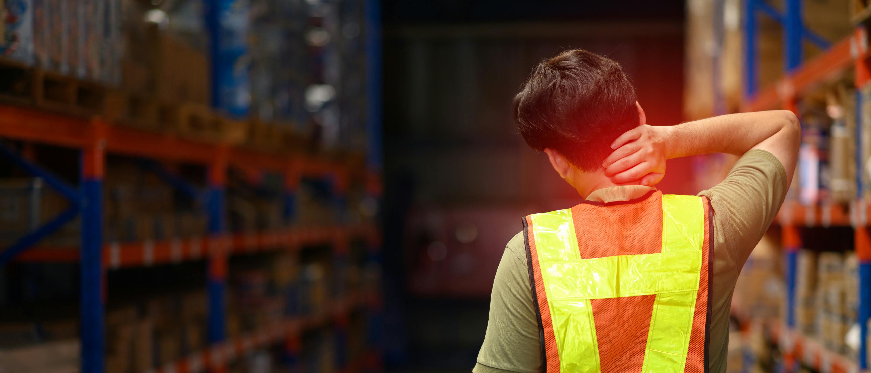 worker in a warehouse wearing a hi-vis vest with his back to camera holding his neck in pain
