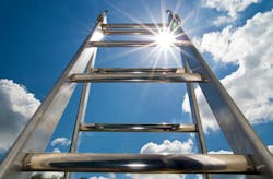 close-up picture of aluminum ladder with a blue sky, sunshine and clouds in the background close-up picture of aluminum ladder with a blue sky, sunshine and clouds in the background