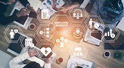 photo of employees working at a table with 'Employee Benefits' and icons of said benefits in white overtop the photo photo of employees working at a table with 'Employee Benefits' and icons of said benefits in white overtop the photo