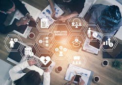 photo of employees working at a table with 'Employee Benefits' and icons of said benefits in white overtop the photo photo of employees working at a table with 'Employee Benefits' and icons of said benefits in white overtop the photo