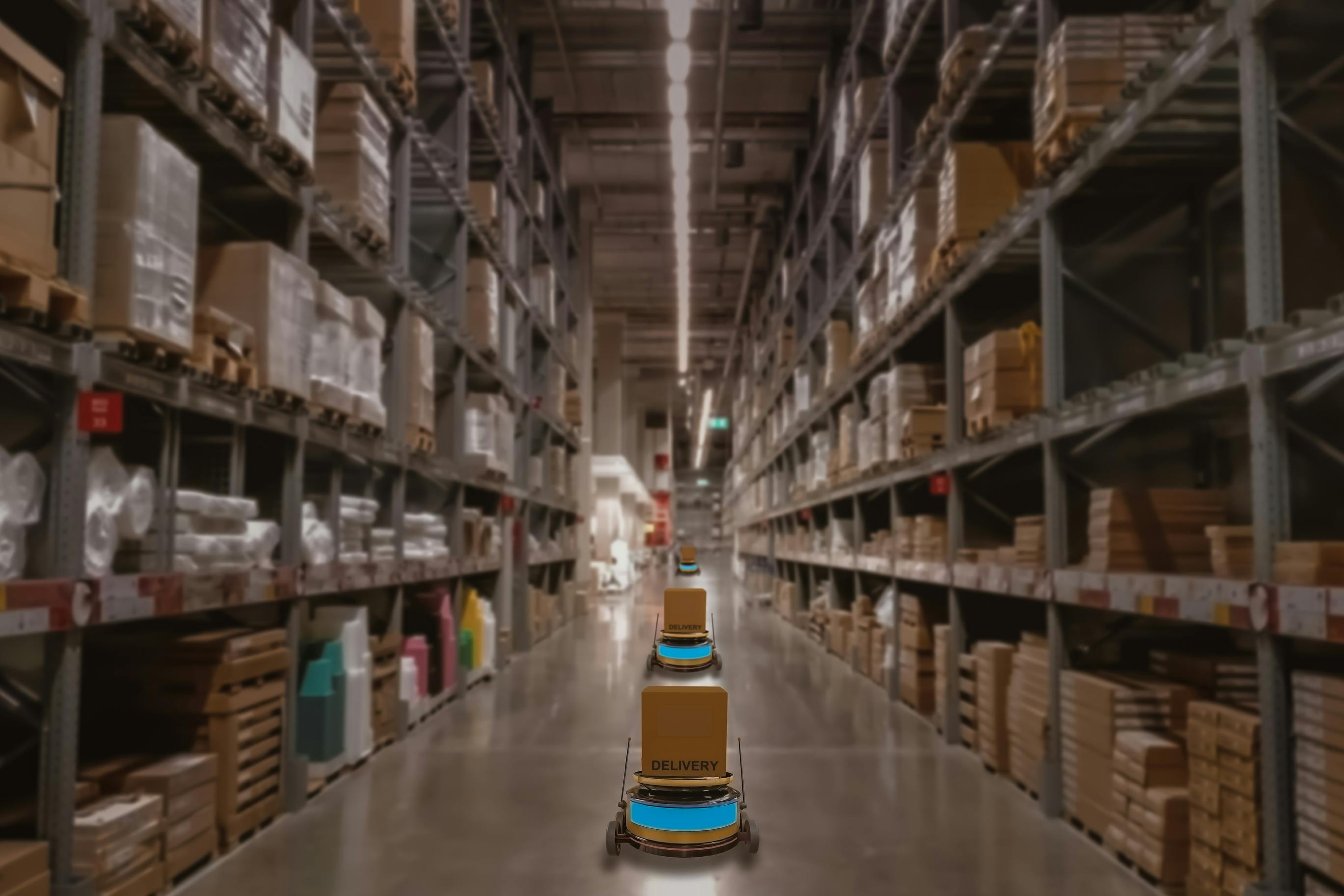 robot transporting boxes in a warehouse