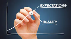 picture of chart with exponential growth line labeled 'expectation' and plateau line labeled 'reality'