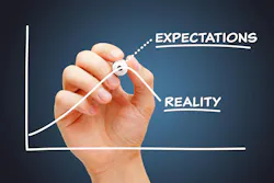 picture of chart with exponential growth line labeled 'expectation' and plateau line labeled 'reality'