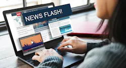 picture of woman looking at laptop that says News Flash and shows other news headlines