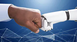 illustration of man and robot bumping fists to indicate man's trust in technology and artificial intelligence